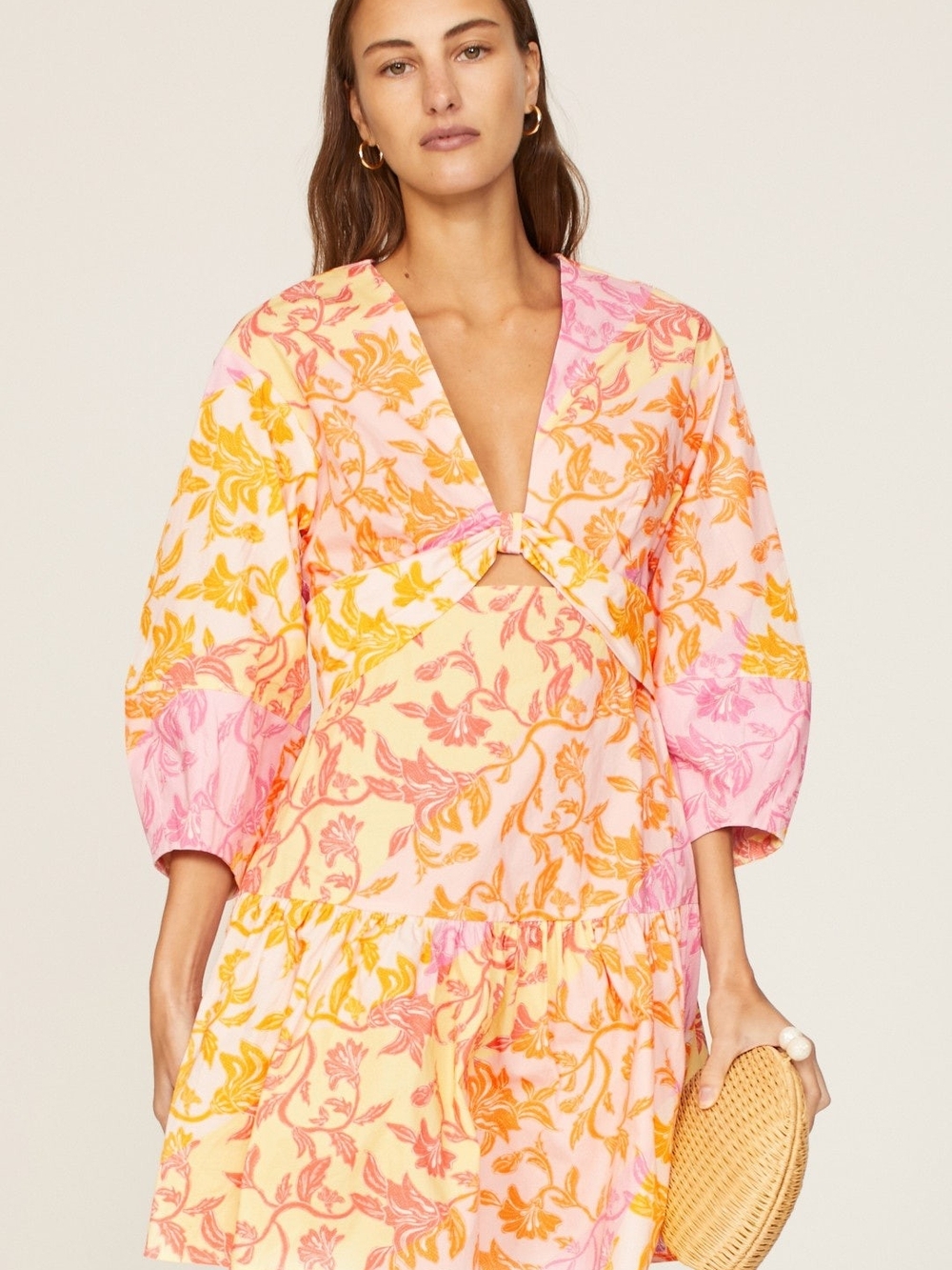Floral Cutout V-Neck Mini Dress in Pink & Yellow